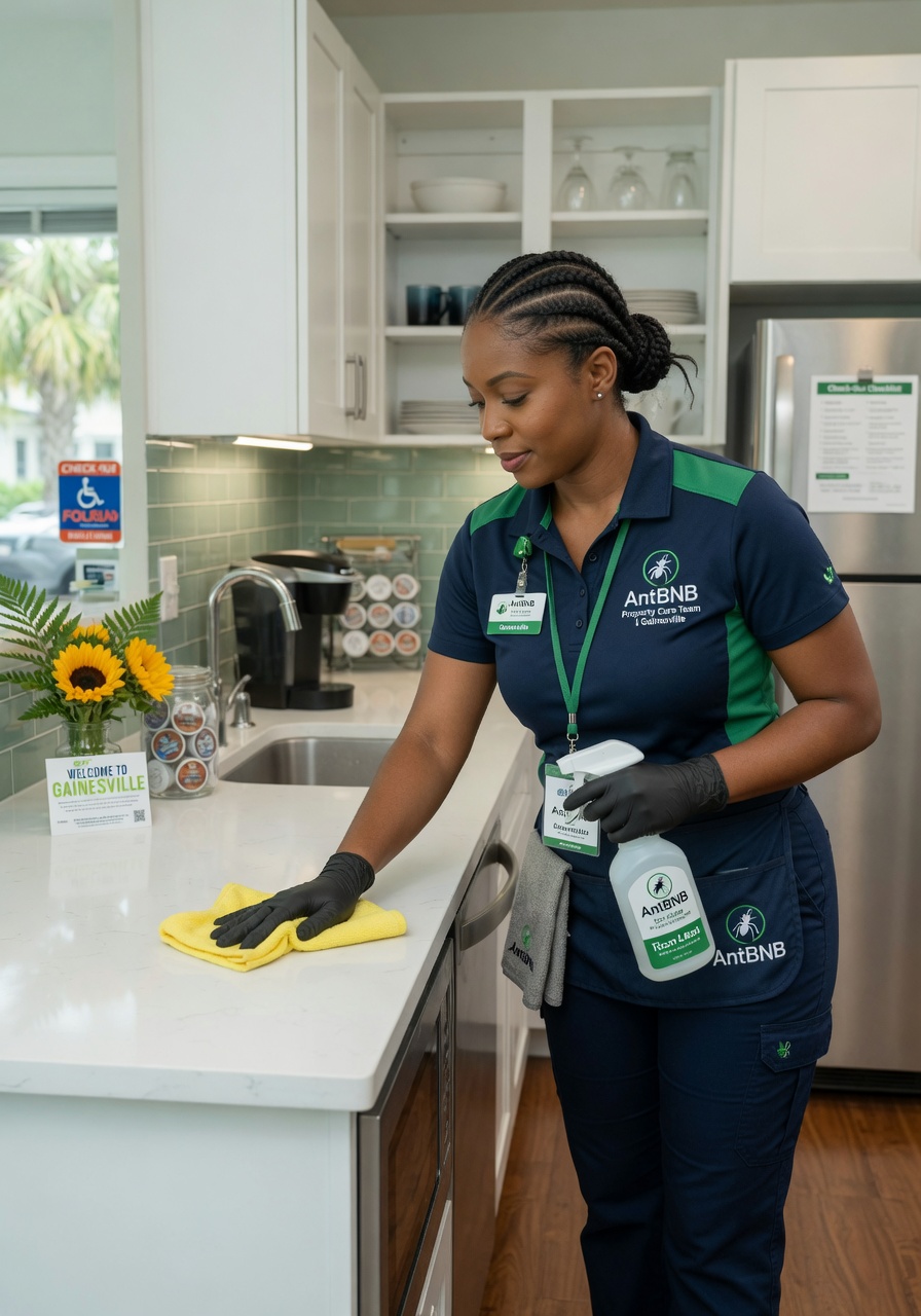 Close-up of AntBNB property management team member professionally cleaning a vacation rental kitchen in Gainesville, spotless environment, wearing branded uniform, photorealistic 8K detail