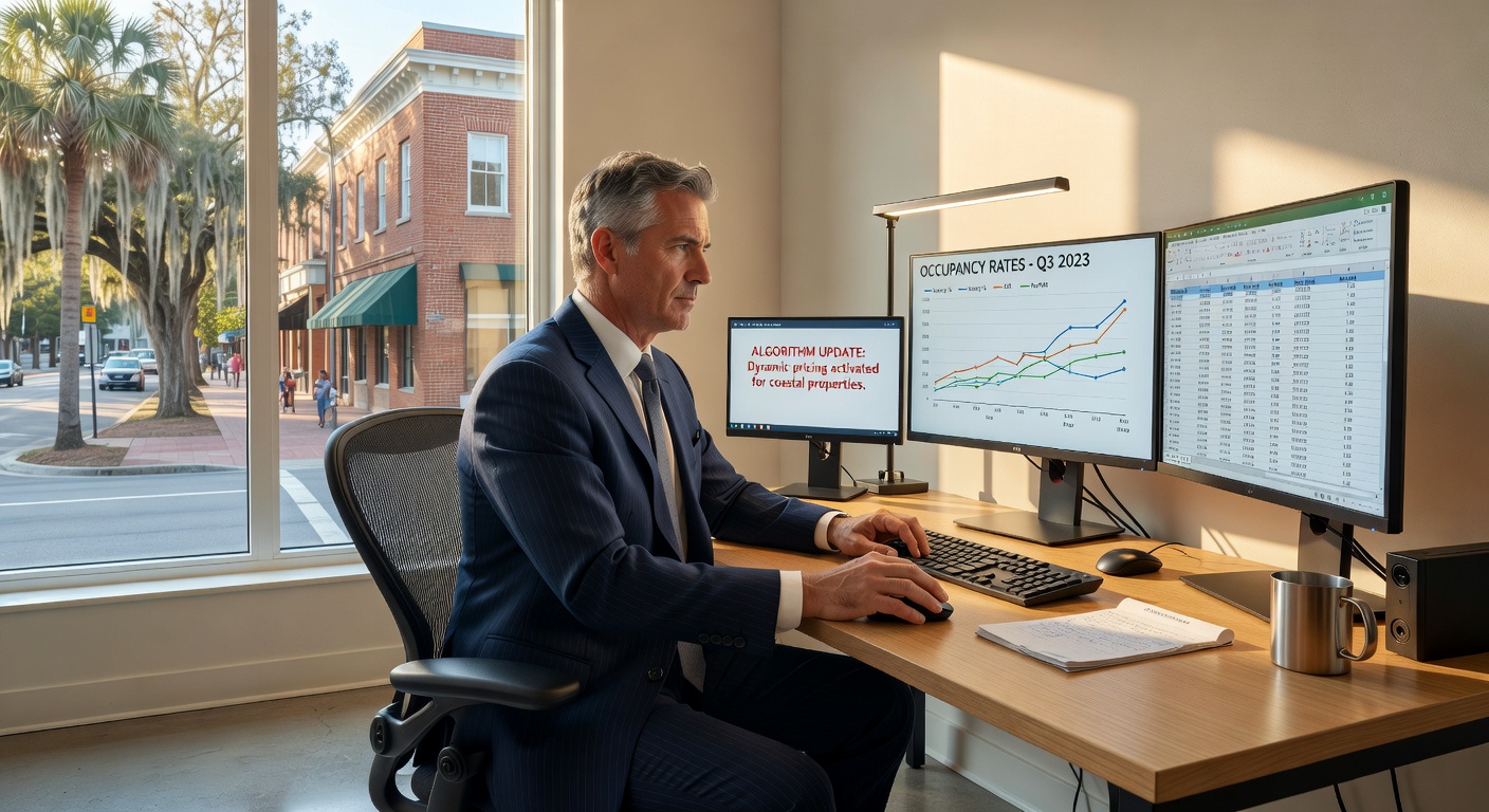 Professional property manager analyzing data on multiple computer monitors showing occupancy rates and pricing algorithms, modern office setting in Gainesville, natural window light