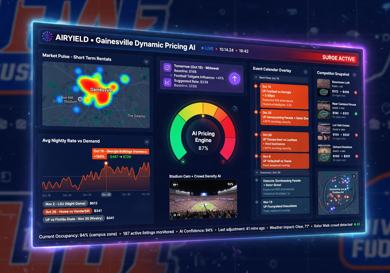 Dynamic pricing strategy concept visualization showing AI analytics dashboard for short term rentals with Gainesville specific data including football game dates and university events, futuristic interface, 8K resolution