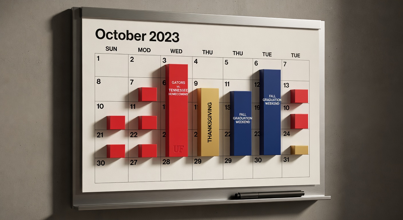 Calendar visualization highlighting peak pricing dates for Gainesville Airbnb including football game weekends, graduation, and holidays, clean infographic style with realistic textures