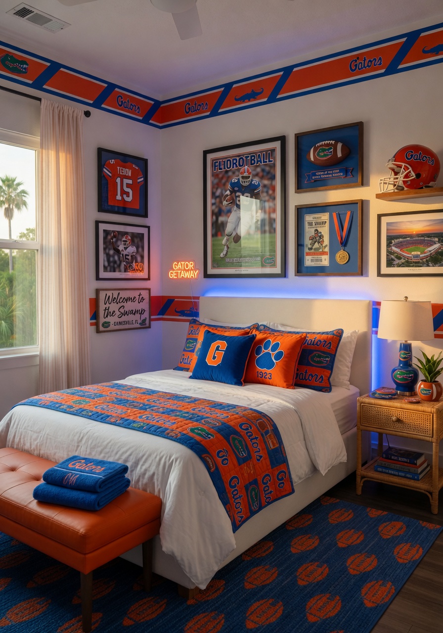 Beautifully designed guest bedroom in a themed 'Gator Getaway' short term rental property in Gainesville Florida, orange and blue accents, football memorabilia tastefully displayed, ultra realistic 8K