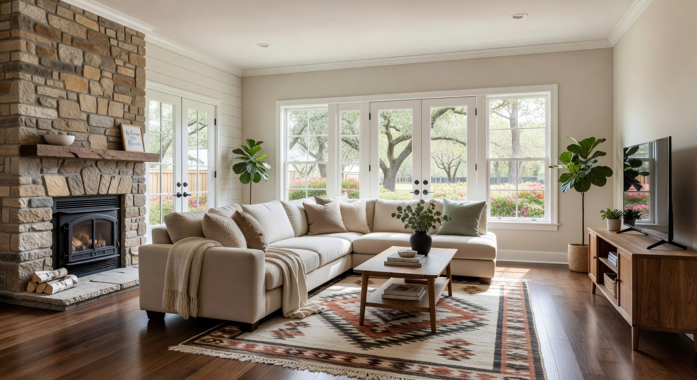 Beautifully renovated Gainesville Airbnb interior living room with comfortable furnishings, natural light, neutral modern decor, 8K ultra-realistic detail