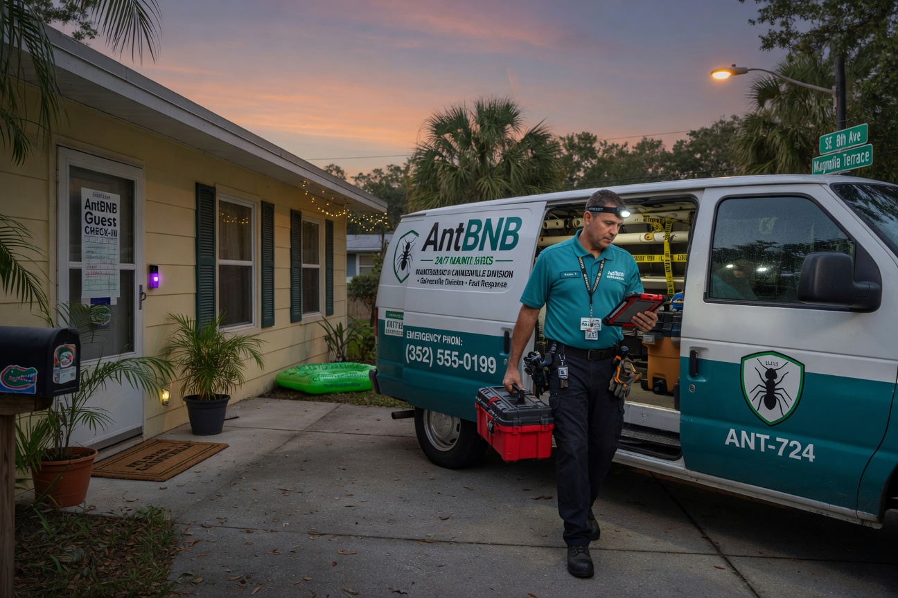 24/7 maintenance technician from AntBNB arriving at a vacation rental home in a residential Gainesville neighborhood at dusk, professional uniform and service van, photorealistic
