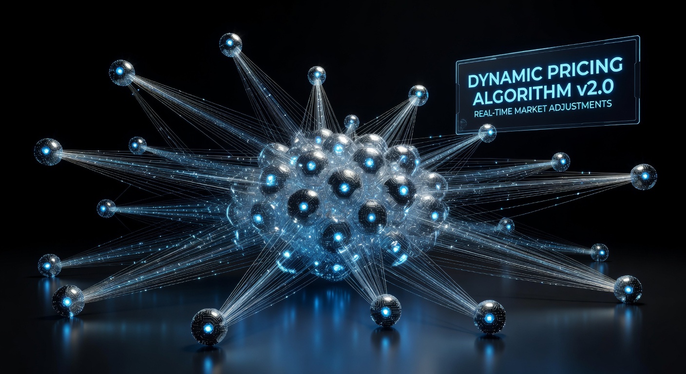 AI neural network visualization with glowing nodes and connections representing dynamic pricing algorithms, dark background with electric blue and cyan accents, futuristic style