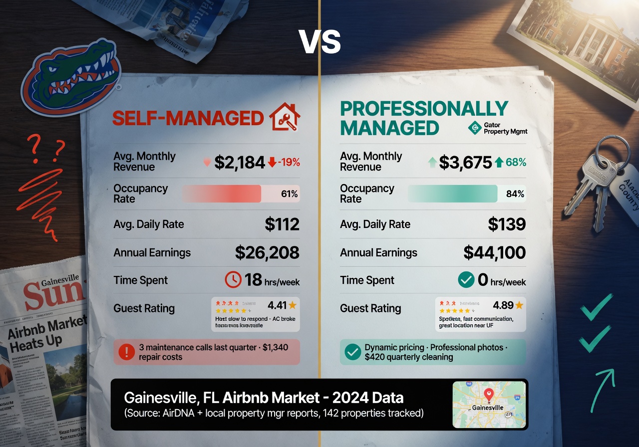 Split image comparing self-managed vs professionally managed Airbnb property performance metrics and earnings in Gainesville FL market, clean infographic style with realistic background, 8K