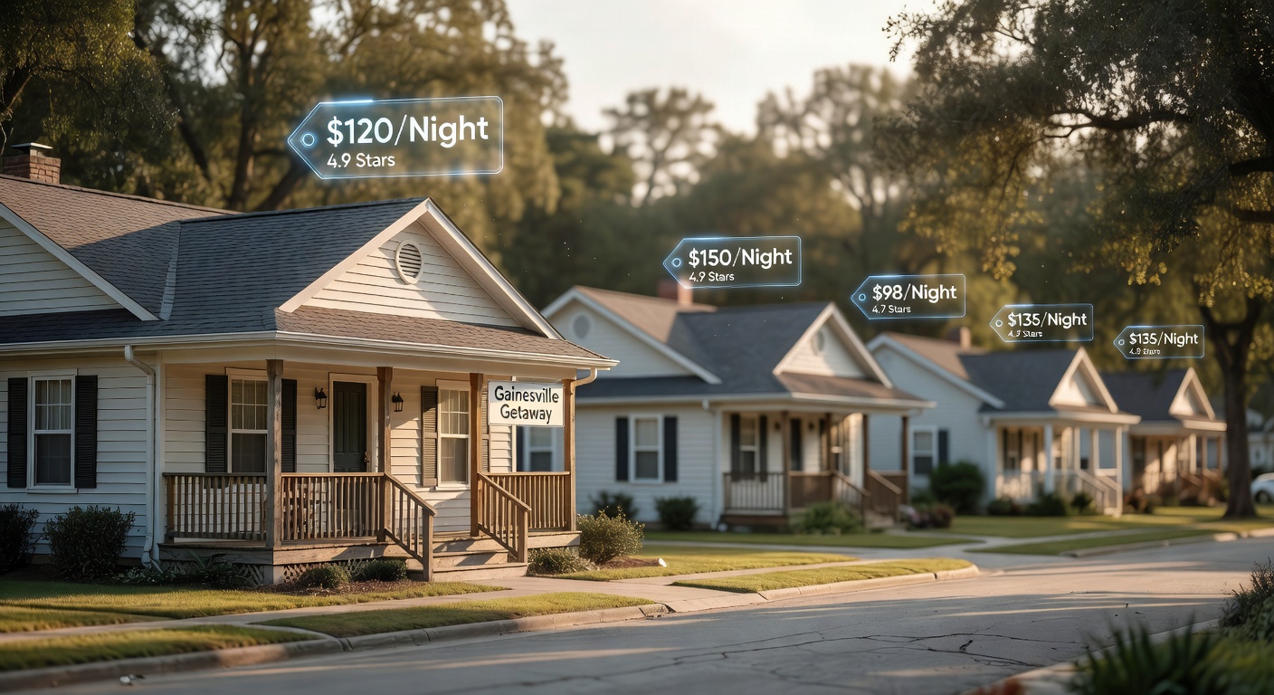 Competitive analysis concept showing multiple similar Airbnb properties in Gainesville with different price tags floating above them, suburban neighborhood setting