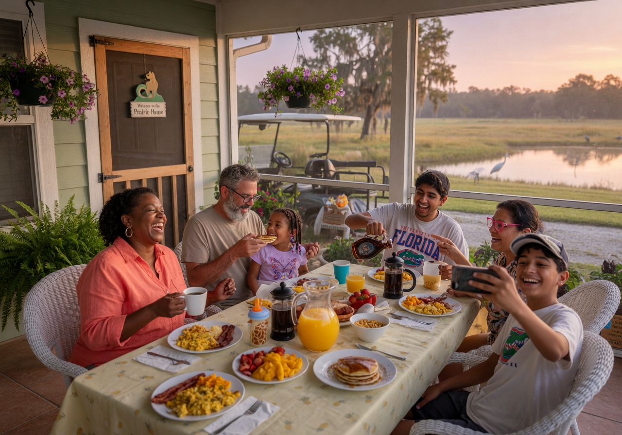 Happy diverse family guests enjoying breakfast on the patio of a vacation rental home near Paynes Prairie in Gainesville Florida, warm morning light, ultra realistic photography
