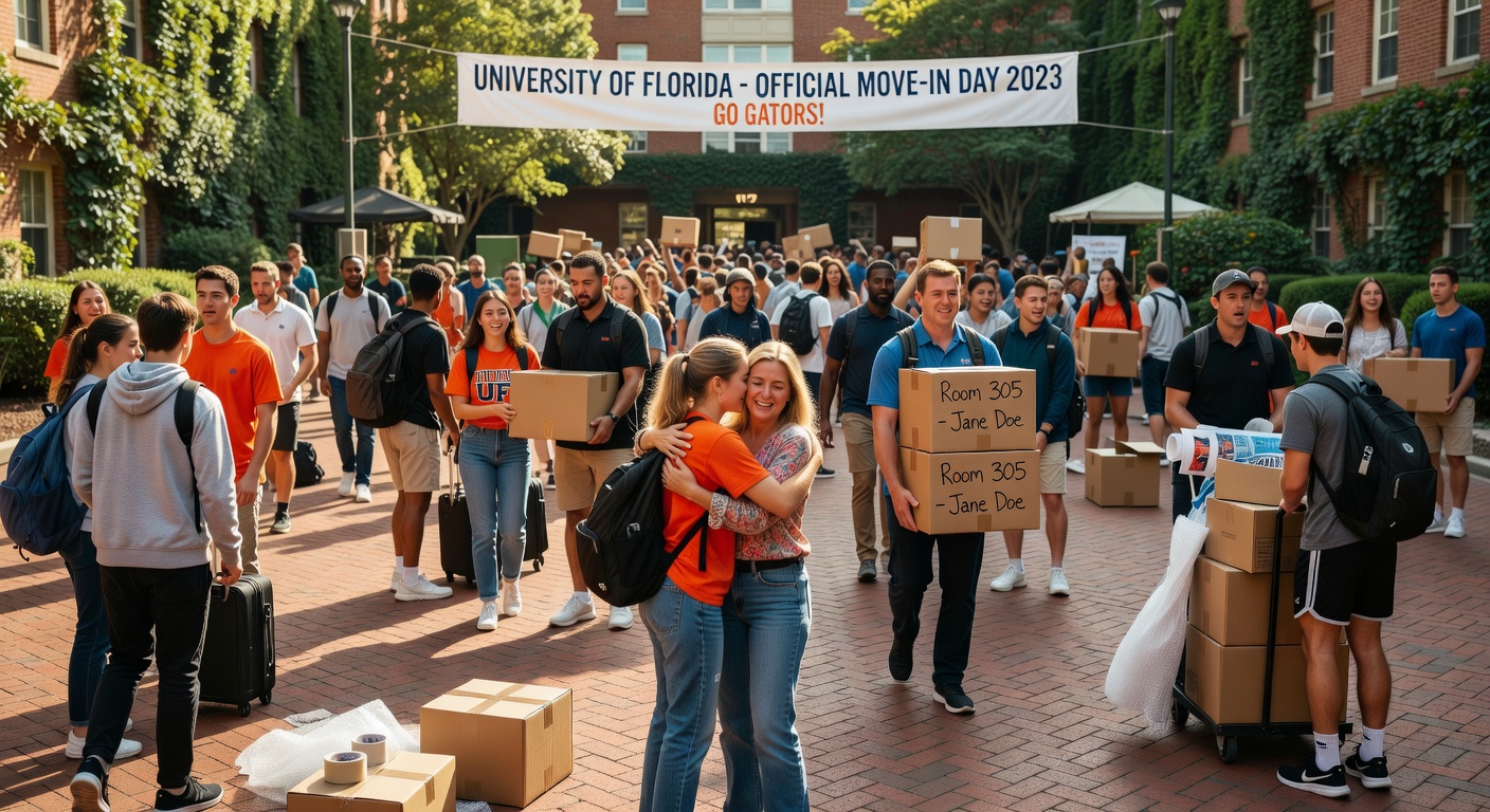 University of Florida students moving into dorms during busy move-in weekend, cardboard boxes, excited families, realistic candid photography style