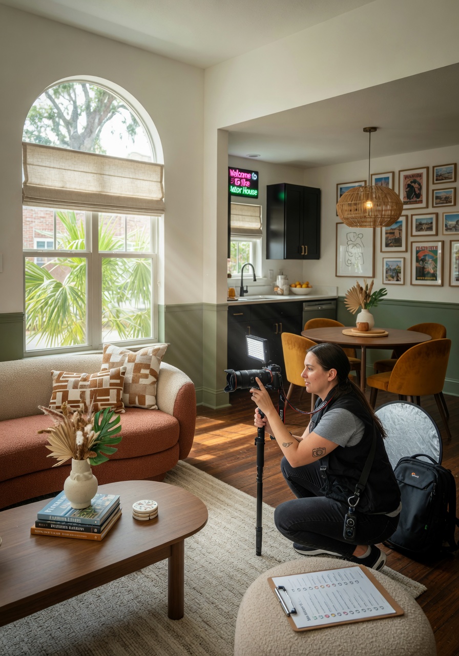 Professional real estate photography session taking place inside a stylish short term rental property in Gainesville, photographer capturing perfect angles, 8K detail