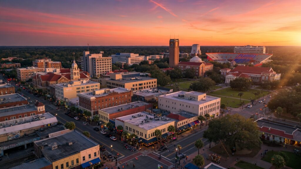 Ultra-realistic 8K aerial view of downtown Gainesville Florida at sunset with University of Florida campus visible in background, vibrant city atmosphere, detailed architecture, cinematic lighting