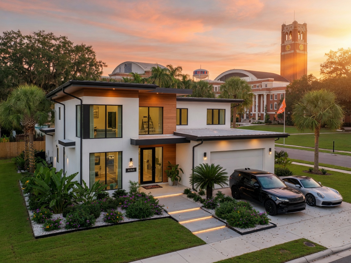 Ultra-realistic 8K photograph of a luxurious modern Airbnb home exterior in Gainesville Florida with University of Florida campus visible in the background during golden hour, detailed landscaping, luxury cars in driveway, cinematic lighting