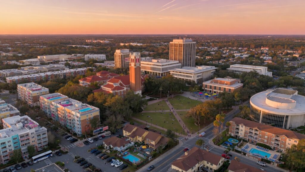 Ultra-realistic 8K aerial view of University of Florida campus with surrounding student housing and vacation rental properties in Gainesville Florida during golden hour