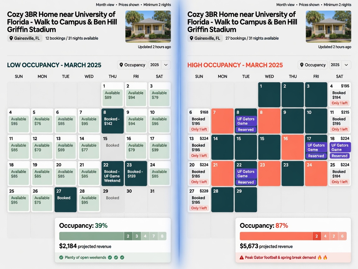 Split screen comparison showing low occupancy vs high occupancy Airbnb calendar for Gainesville property, clear data visualization, professional style