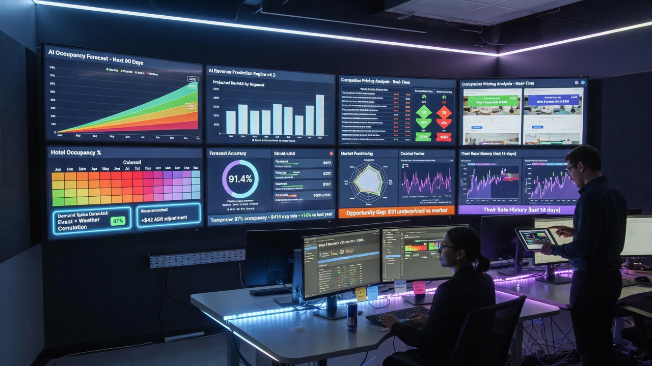 Ultra-realistic 8K photograph of a modern revenue management command center with multiple screens displaying AI predictions, occupancy forecasts, and competitor pricing analysis