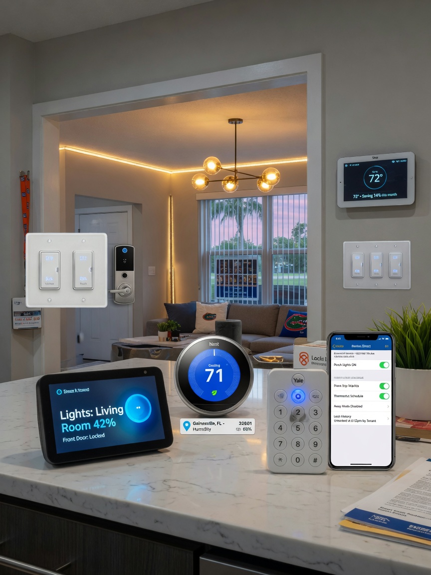 Smart home technology devices controlling lighting, locks and thermostats in a modern Gainesville rental property, ultra detailed 8K