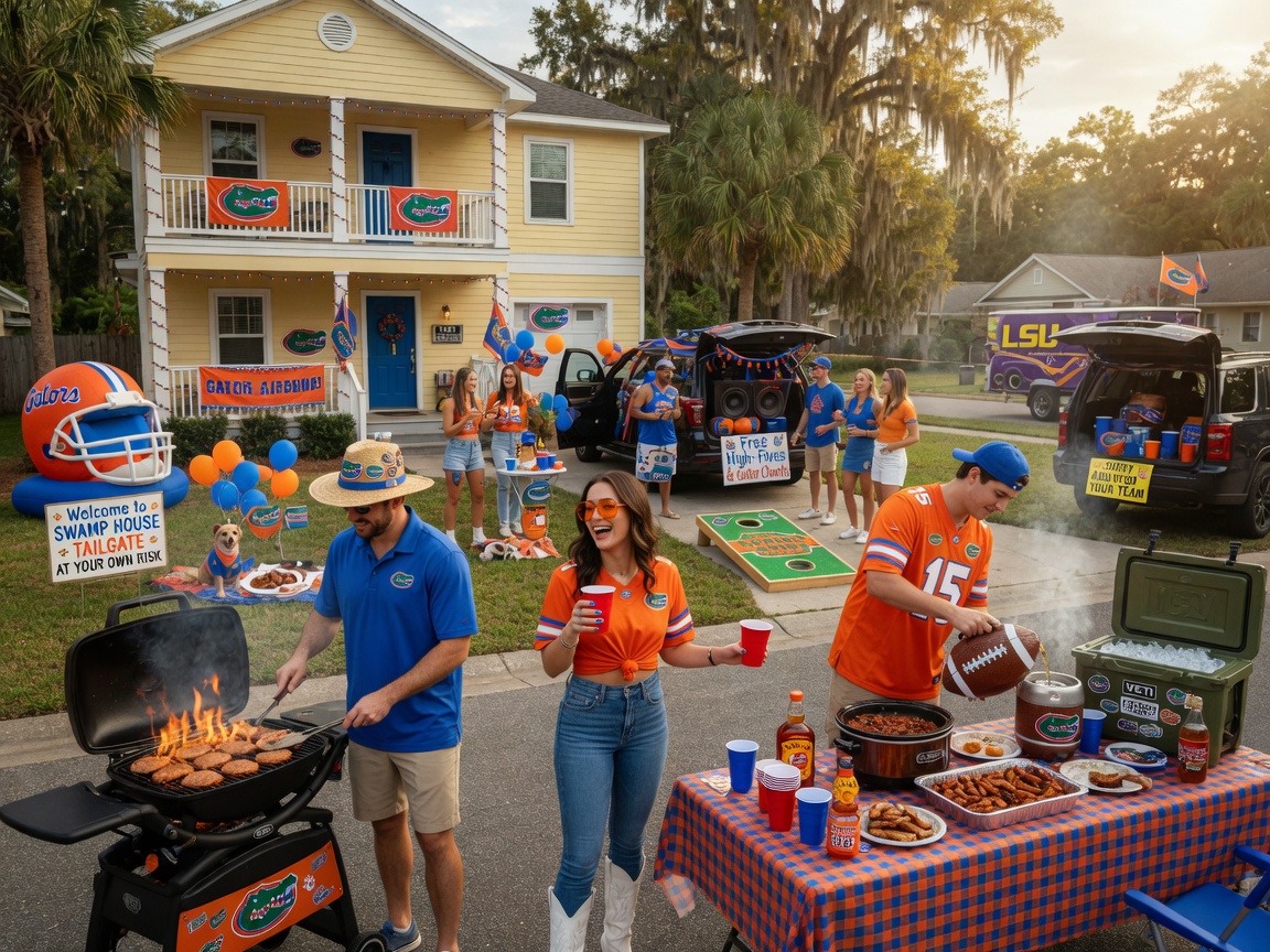 Gator football fans tailgating outside Gainesville Airbnb property, festive atmosphere, orange and blue decorations, ultra realistic 8K image