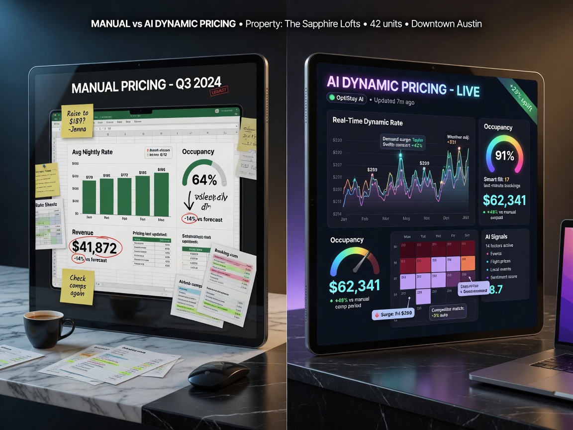 Ultra-realistic 8K image showing the contrast between manual pricing versus AI dynamic pricing with two separate property performance dashboards side by side