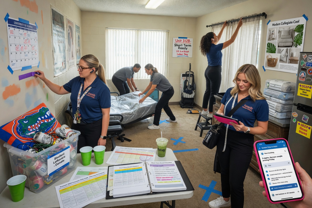 Gainesville property management team coordinating student lease turnover to short-term rental setup, behind the scenes realistic 8K