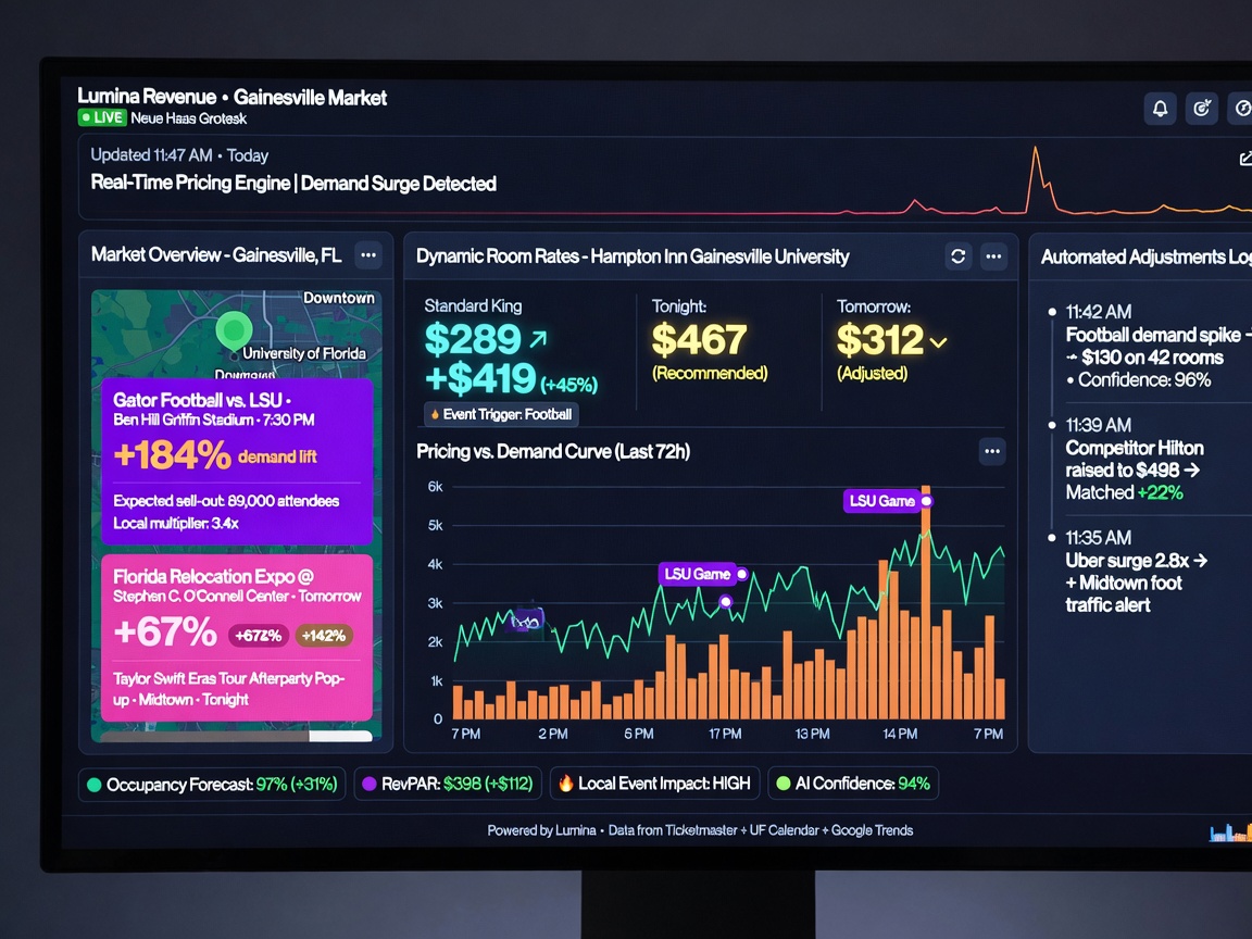 Modern revenue management software interface displaying real-time pricing adjustments based on local events in Gainesville, dark mode UI, crisp details