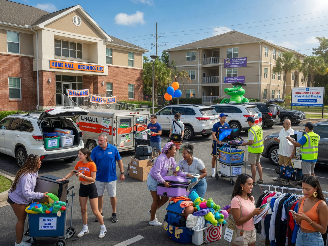 Ultra-realistic 8K photo of University of Florida students moving into dorms during move-in weekend with numerous parents and rental properties in the background