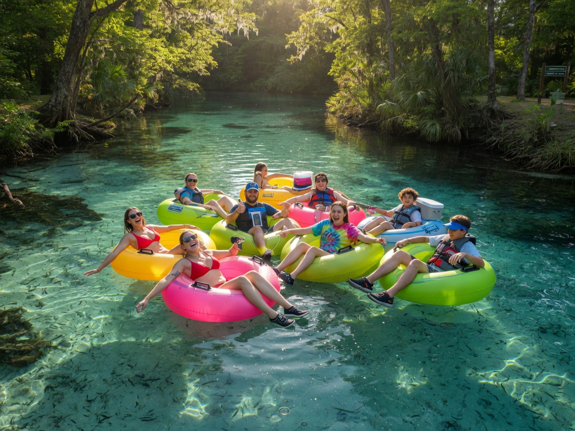 Popular Gainesville vacation rental activity - group of tourists tubing down crystal clear Ichetucknee Springs near Gainesville, 8K photorealistic