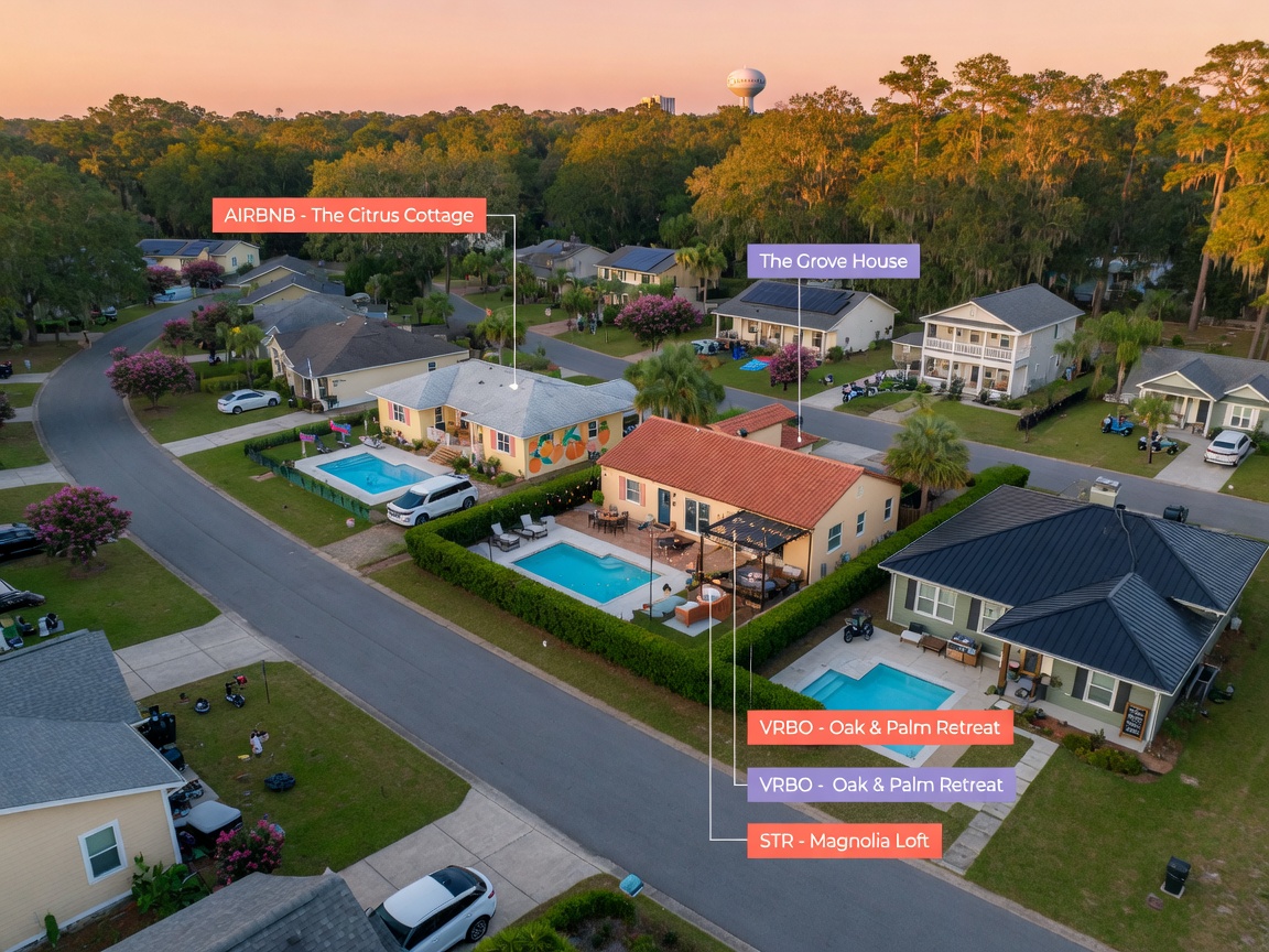 Aerial view of suburban Gainesville neighborhood with several short-term rental properties highlighted, beautiful Florida landscape, golden hour lighting