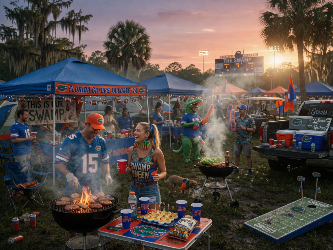Ultra-realistic 8K cinematic image of The Swamp tailgating scene before a football game with tents, fans in Gators gear, and BBQ grills, vibrant atmosphere