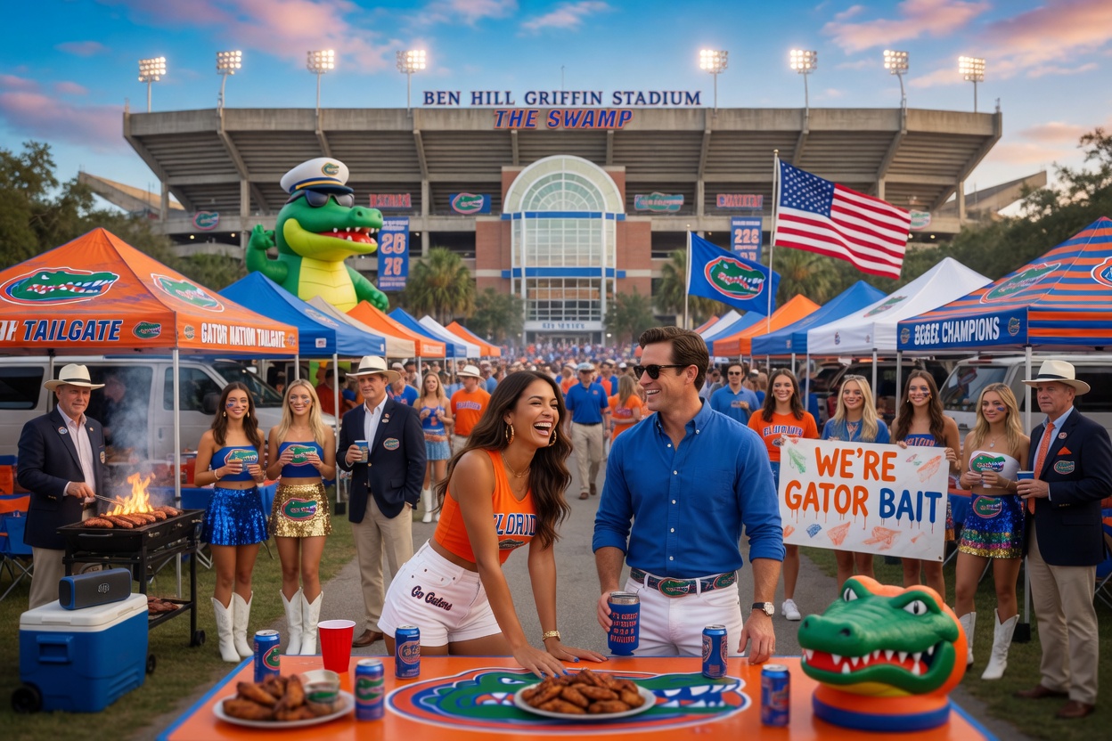 Ben Hill Griffin Stadium at University of Florida on game day with tailgating and fans, vibrant colors, ultra realistic 8K