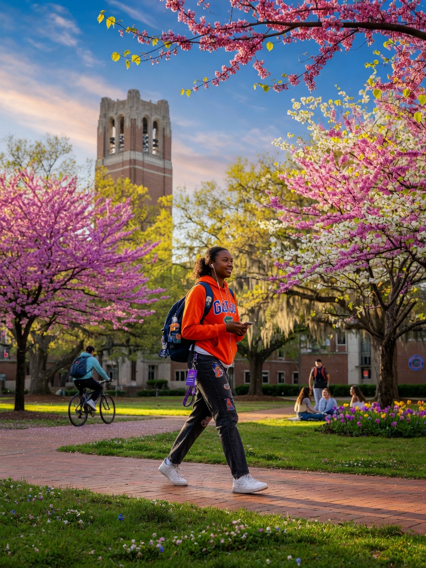 University of Florida student walking across campus during spring semester with blooming trees, realistic photography, vibrant colors, 8K resolution