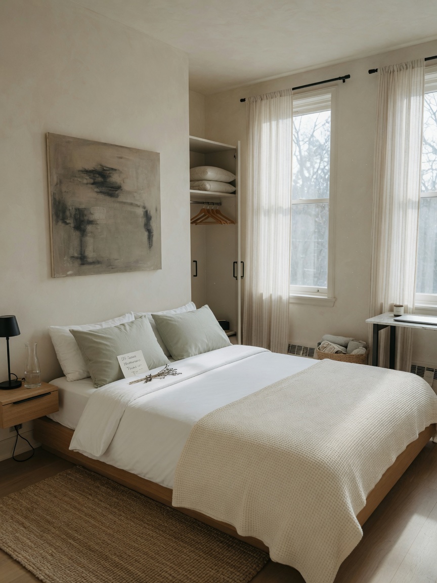 Ultra-realistic 8K photograph of an empty luxury short-term rental bedroom during off-season with soft natural light coming through windows, minimalist design