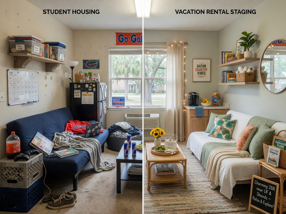Before and after split image showing student housing setup versus vacation rental staging in the same Gainesville property, professional 8K