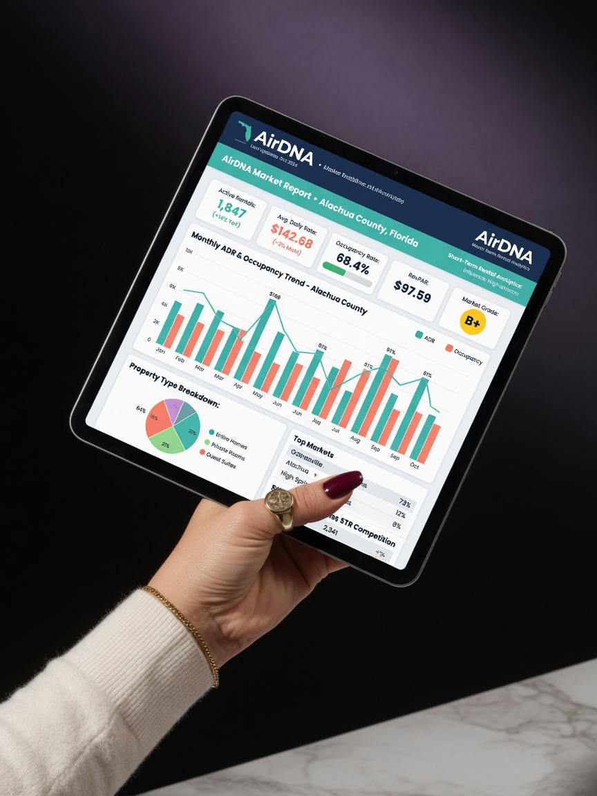 Hand holding tablet showing AirDNA market data specifically for Alachua County Florida, detailed graphs and statistics, professional setting