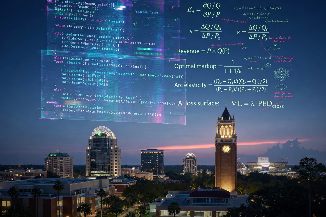 Ultra-realistic 8K image of complex AI algorithm code and mathematical formulas related to price elasticity floating over a background of the Gainesville skyline