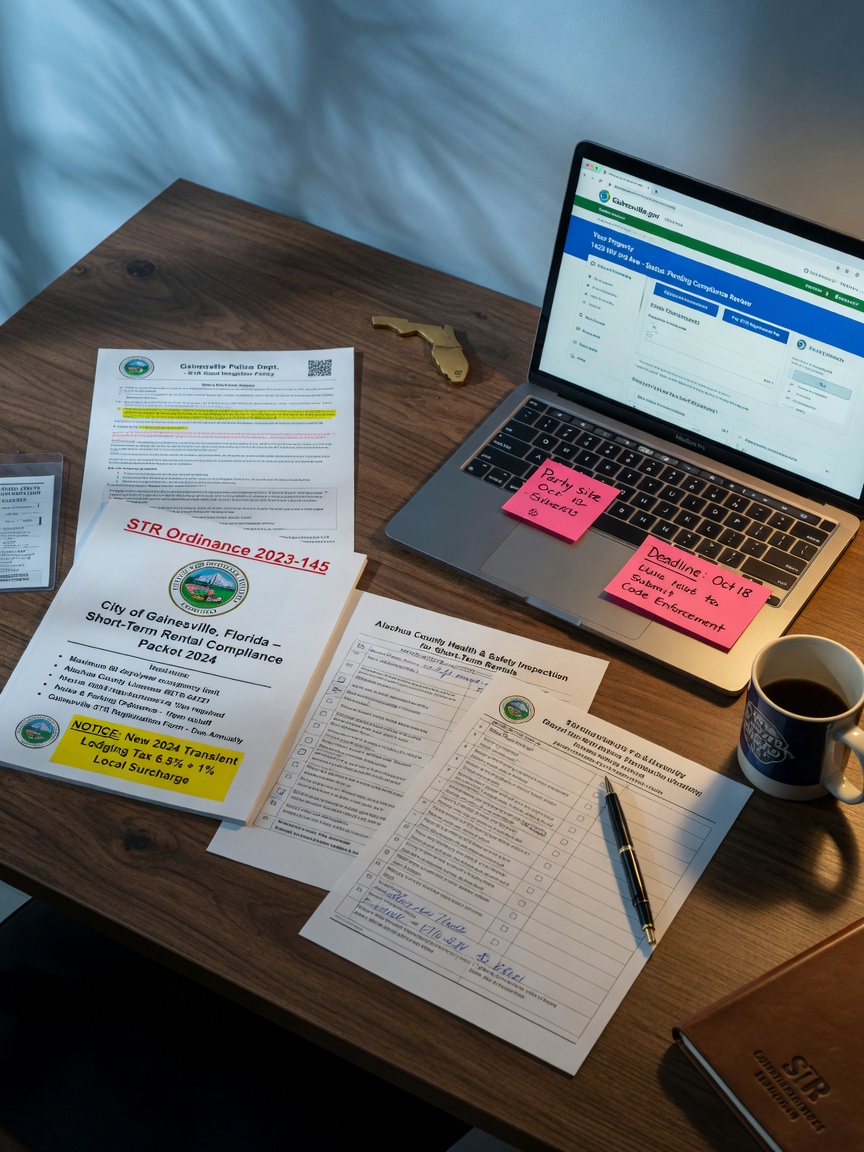 Local regulations and compliance documents for short term rentals in Gainesville on wooden desk with laptop, realistic 8K still life