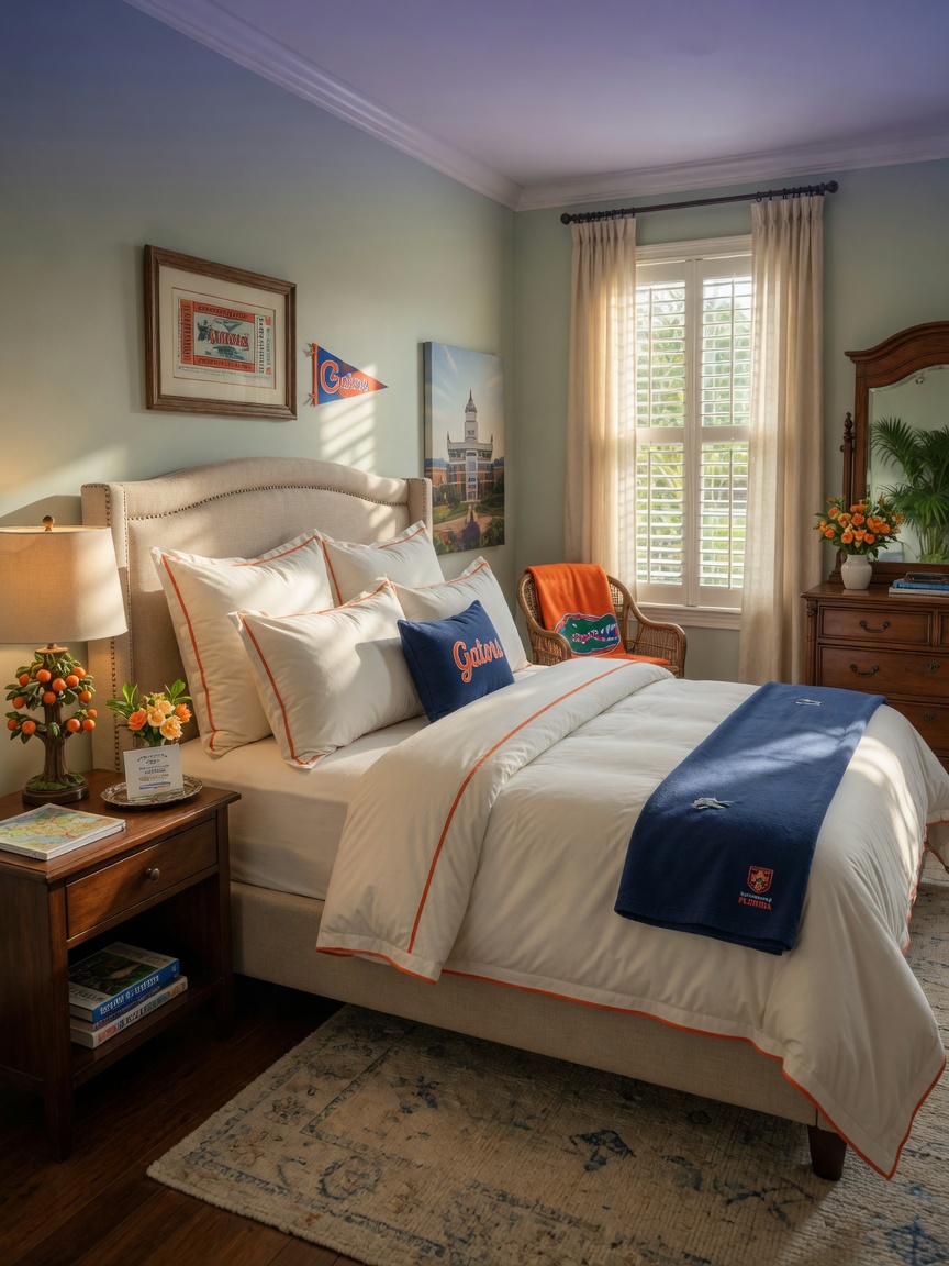 Beautifully designed Gainesville vacation rental bedroom with university-themed subtle decor, natural light, luxury linens, photorealistic 8K