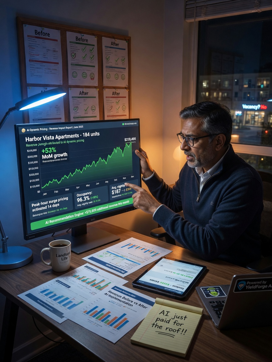 Ultra-realistic 8K photo of a property owner reviewing significantly increased monthly revenue reports thanks to AI dynamic pricing implementation