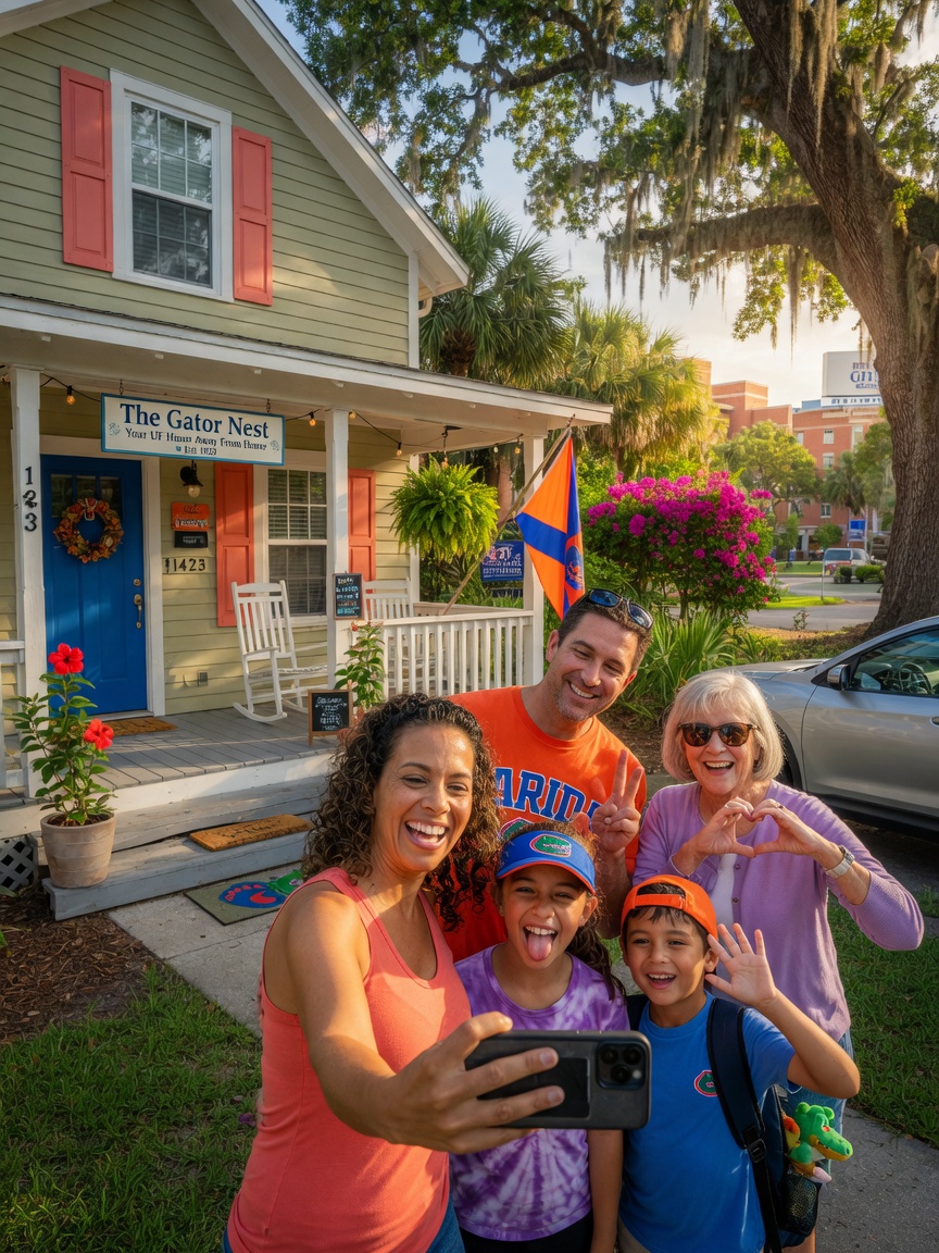 Happy vacation family taking selfie in front of charming Gainesville Airbnb property near University of Florida, warm sunlight, 8K ultra realistic