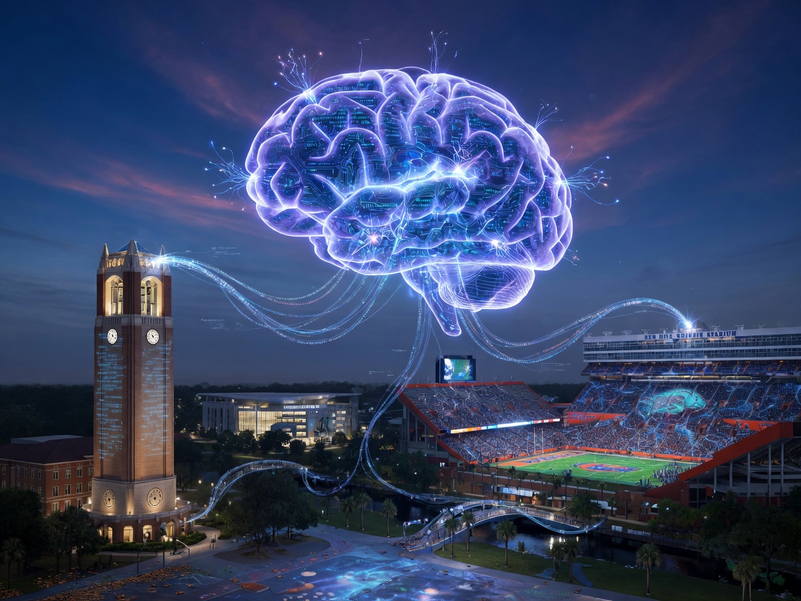 Ultra-realistic 8K image depicting the concept of artificial intelligence with a digital brain connected to various Gainesville landmarks including Century Tower and Ben Hill Griffin Stadium