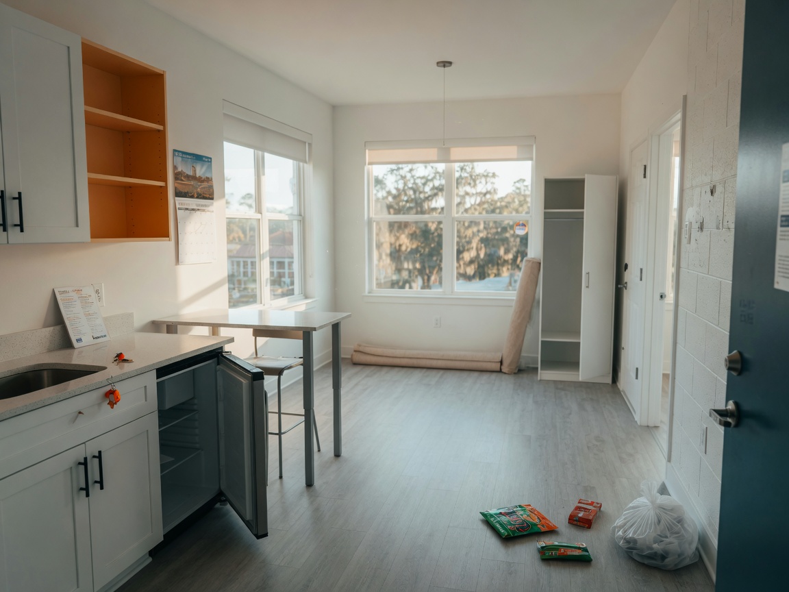 Empty modern student apartment in Gainesville ready for new tenants, clean minimalist design, natural light, photorealistic 8K