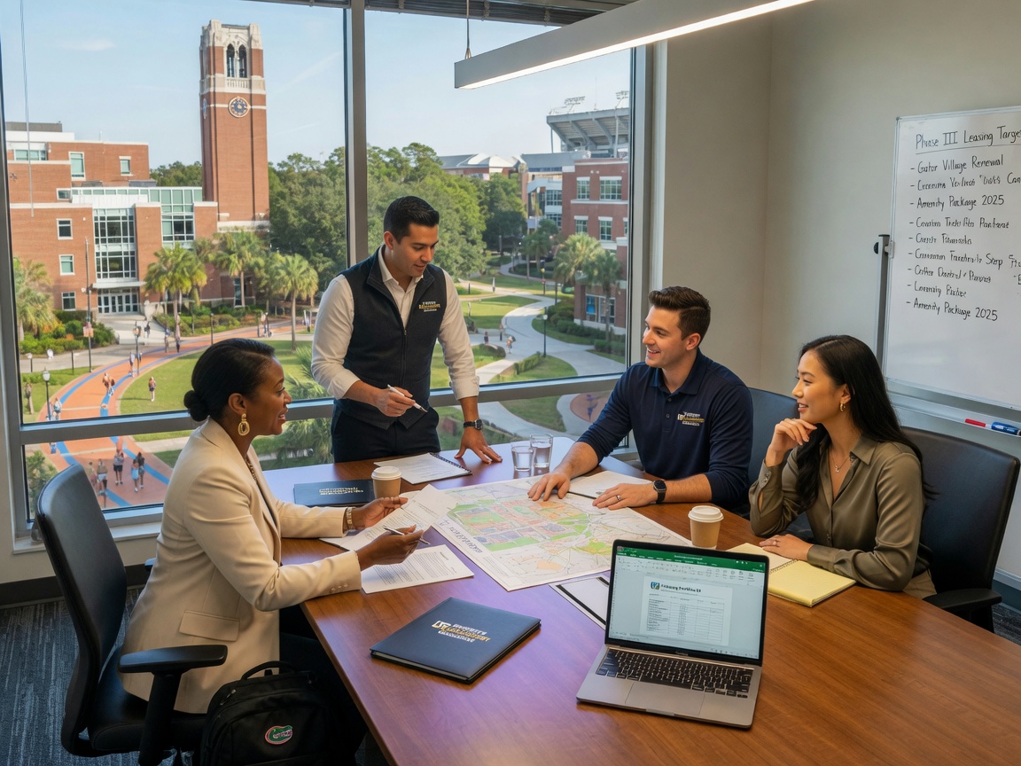 Professional team from Property Management Gainesville discussing strategy around conference table with UF campus visible through window, collaborative atmosphere, ultra realistic