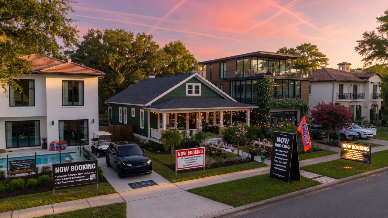 Ultra-realistic 8K wide angle photograph of a successful Gainesville short-term rental portfolio showing multiple high-end properties with 'Now Booking' signs during peak season
