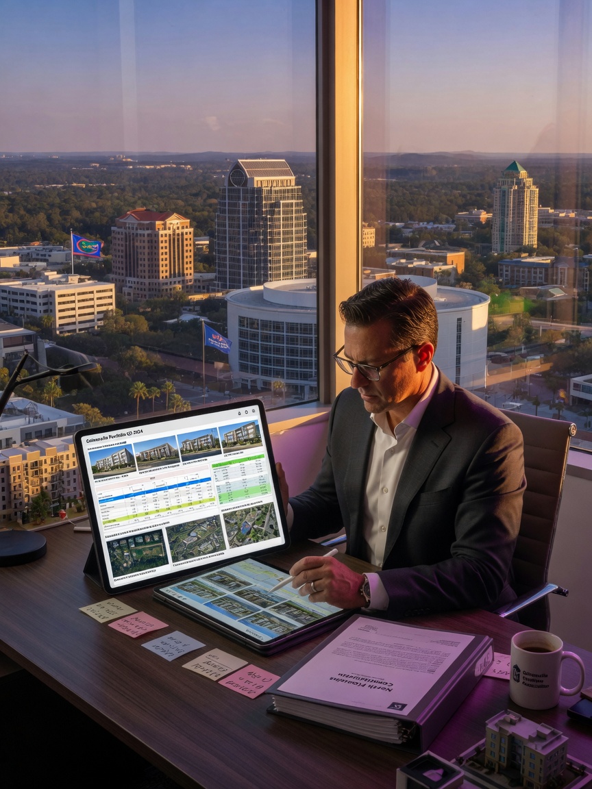Professional real estate investor reviewing property portfolio on tablet with Gainesville skyline visible through window, 8K cinematic quality