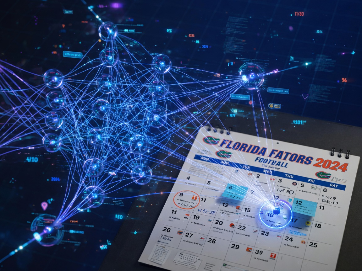 Ultra-realistic 8K image of artificial intelligence neural network visualization with glowing blue connections overlaying a calendar showing University of Florida football game dates, data points floating in digital space