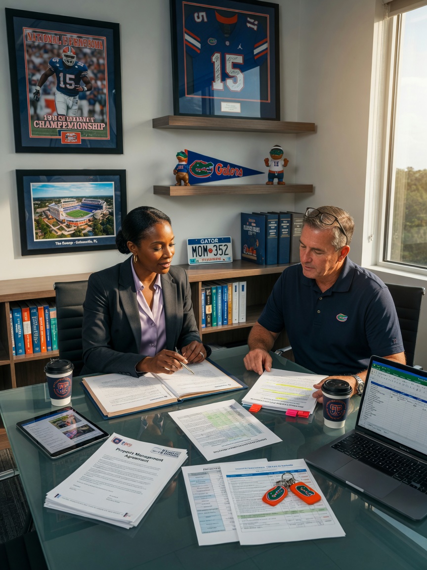 Professional property manager discussing documents with property owner in modern Gainesville office with University of Florida memorabilia in background, photorealistic 8K
