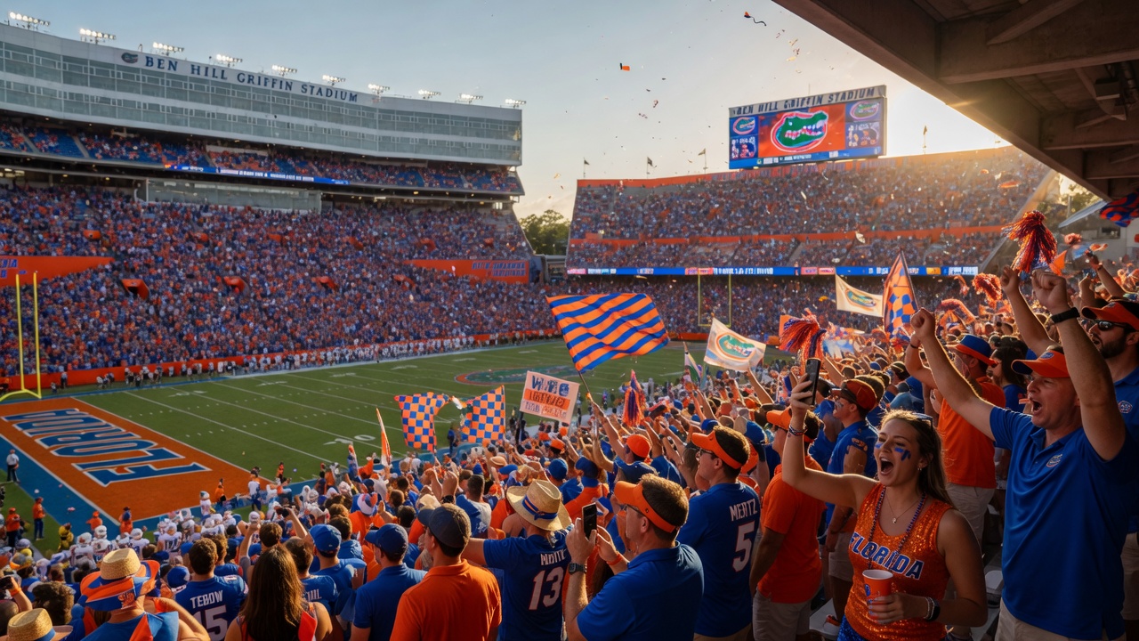 Ben Hill Griffin Stadium at the University of Florida packed with fans on game day, vibrant orange and blue colors, dynamic atmosphere, photorealistic 8K detail