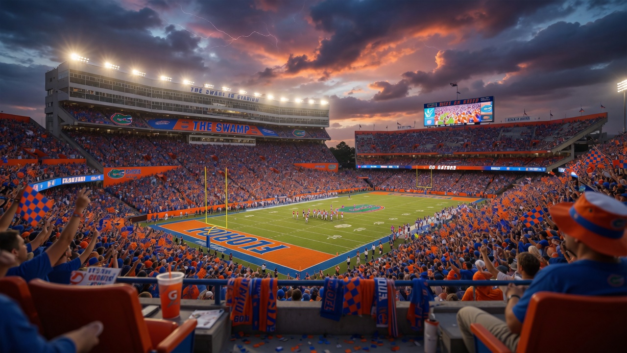 Ultra-realistic 8K photo of Ben Hill Griffin Stadium (The Swamp) packed with fans on game day, vibrant orange and blue colors, dramatic sky, high detail, shot from elevated position