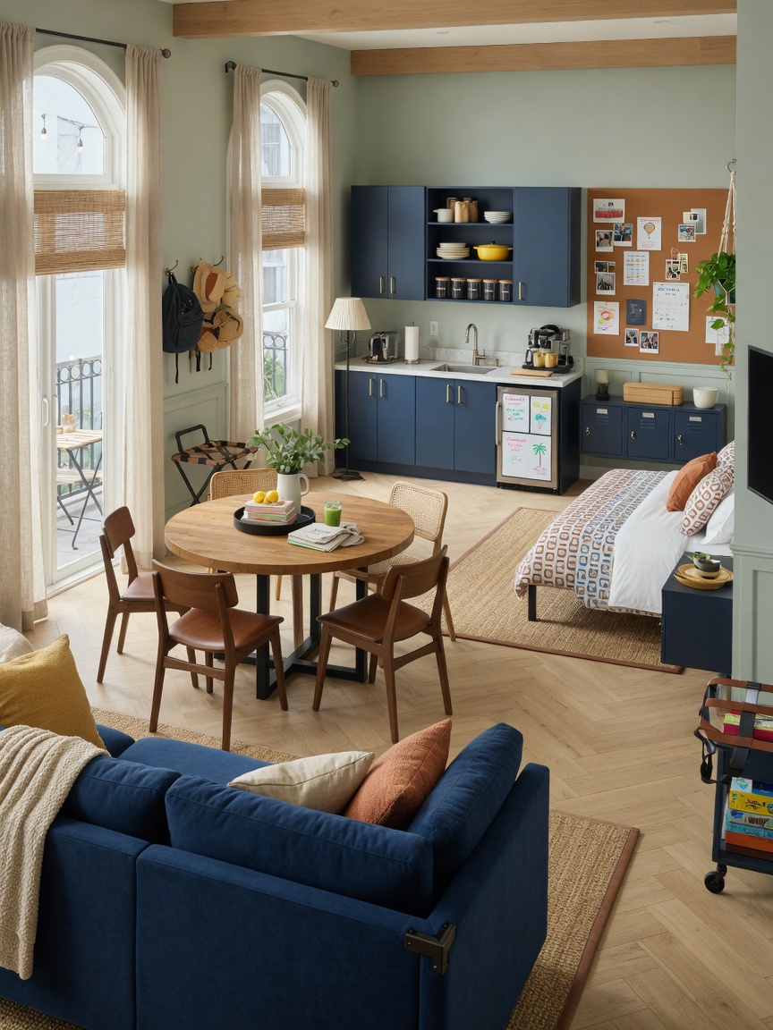 Beautifully designed hybrid rental property interior showing durable yet stylish furniture suitable for both students and vacation guests, natural lighting, 8K ultra realistic