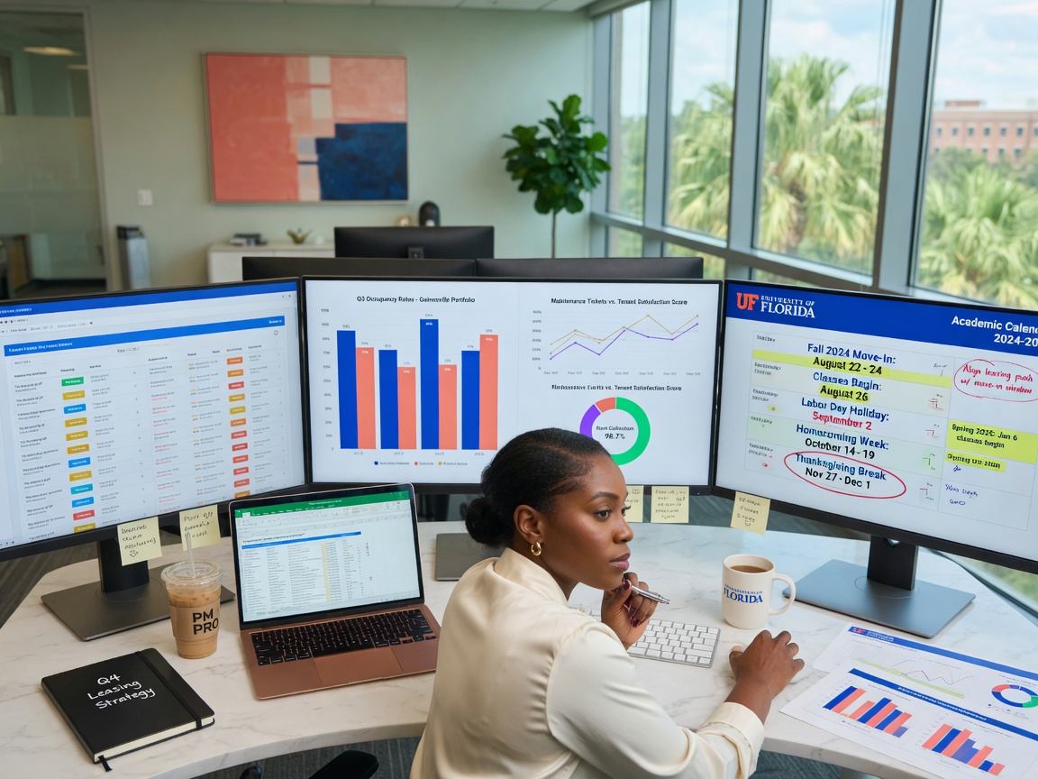 Professional property manager analyzing data charts and University of Florida academic calendar on multiple computer screens in modern office, natural lighting, ultra realistic