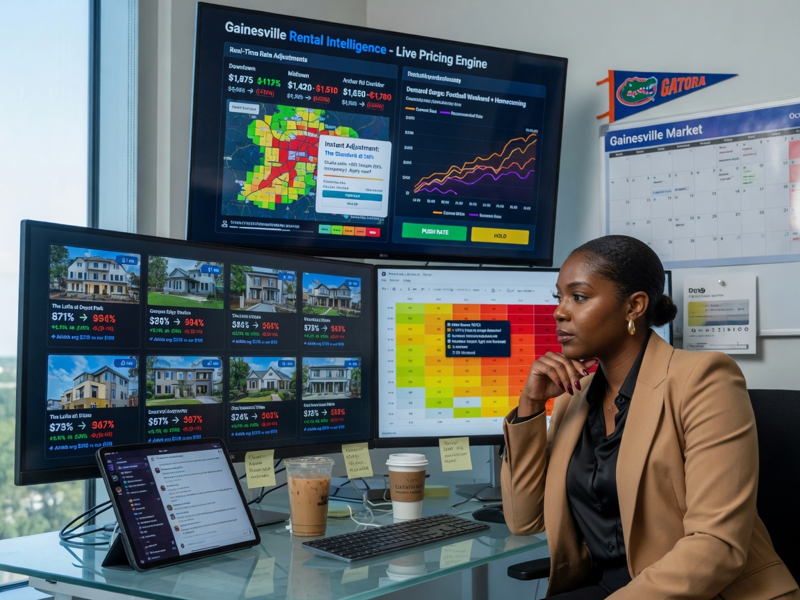 Ultra-realistic 8K image of a professional property manager analyzing dynamic pricing dashboard on multiple computer monitors showing real-time rate adjustments for Gainesville rentals