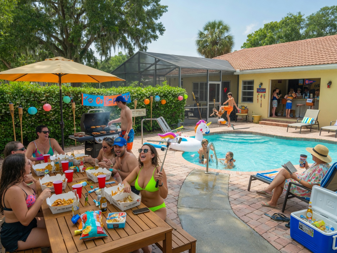 Busy summer vacation rental scene at a Gainesville property with guests enjoying outdoor patio near swimming pool, realistic 8K photography